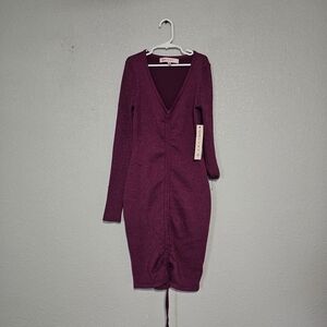 Crave Fame Long Sleeve V-Neck Bodycon Dress in Plum